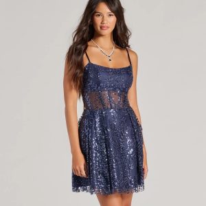 Angelica Lace-Up Corset Glitter Tulle Skater Dress