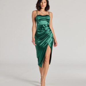 Myla Corset Satin Asymmetrical Midi Dress