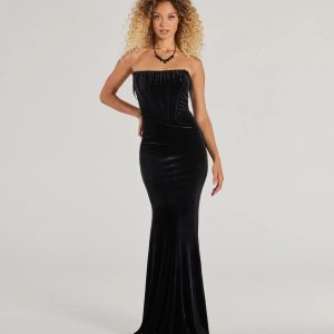 Luisa Pearl Fringe Trim Velvet Corset Mermaid Dress