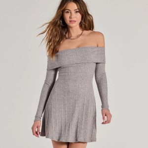 Cozy Knit Off-The-Shoulder A-Line Mini Dress