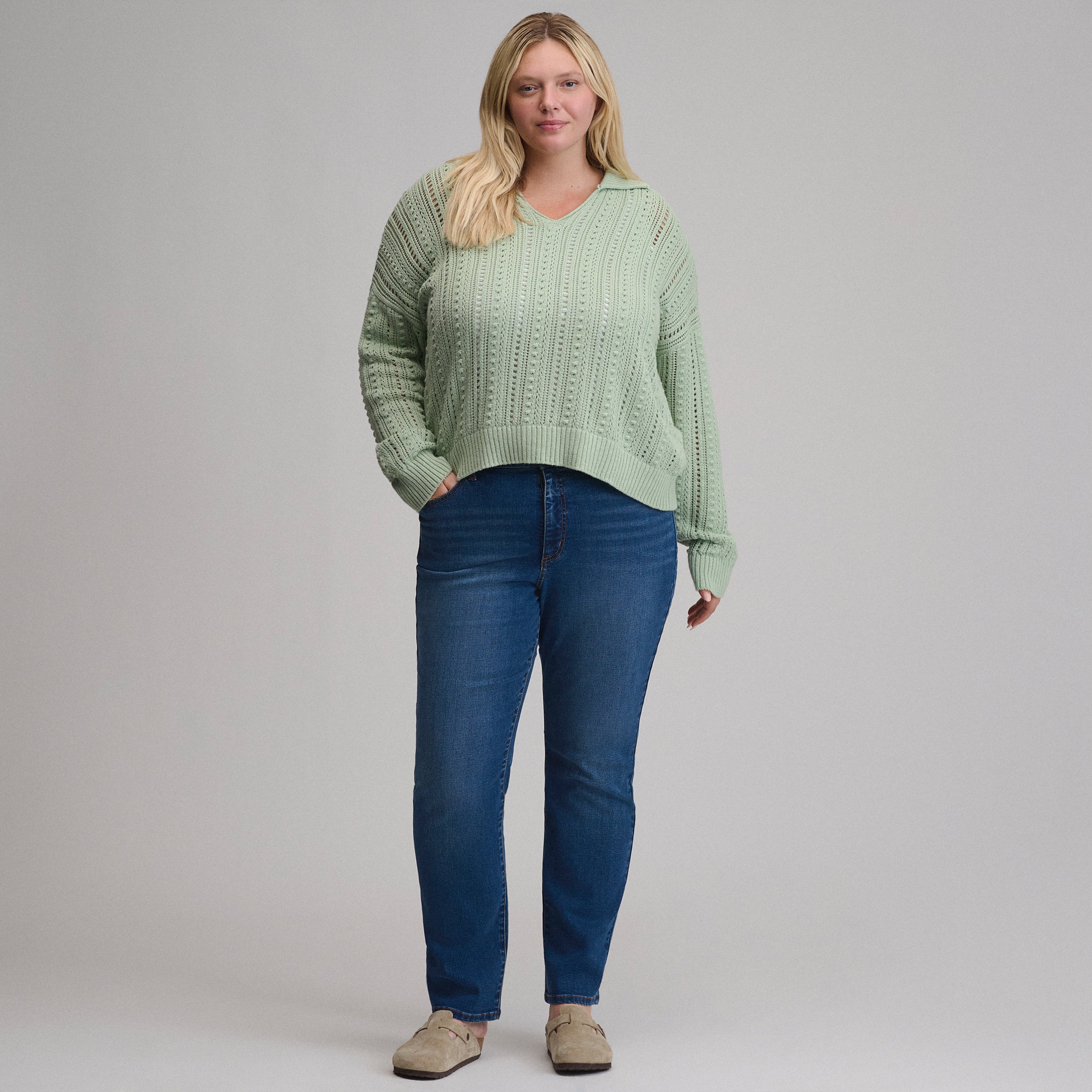 Women's Long-Sleeve Slub Johnny Collar Sweater - Image 20