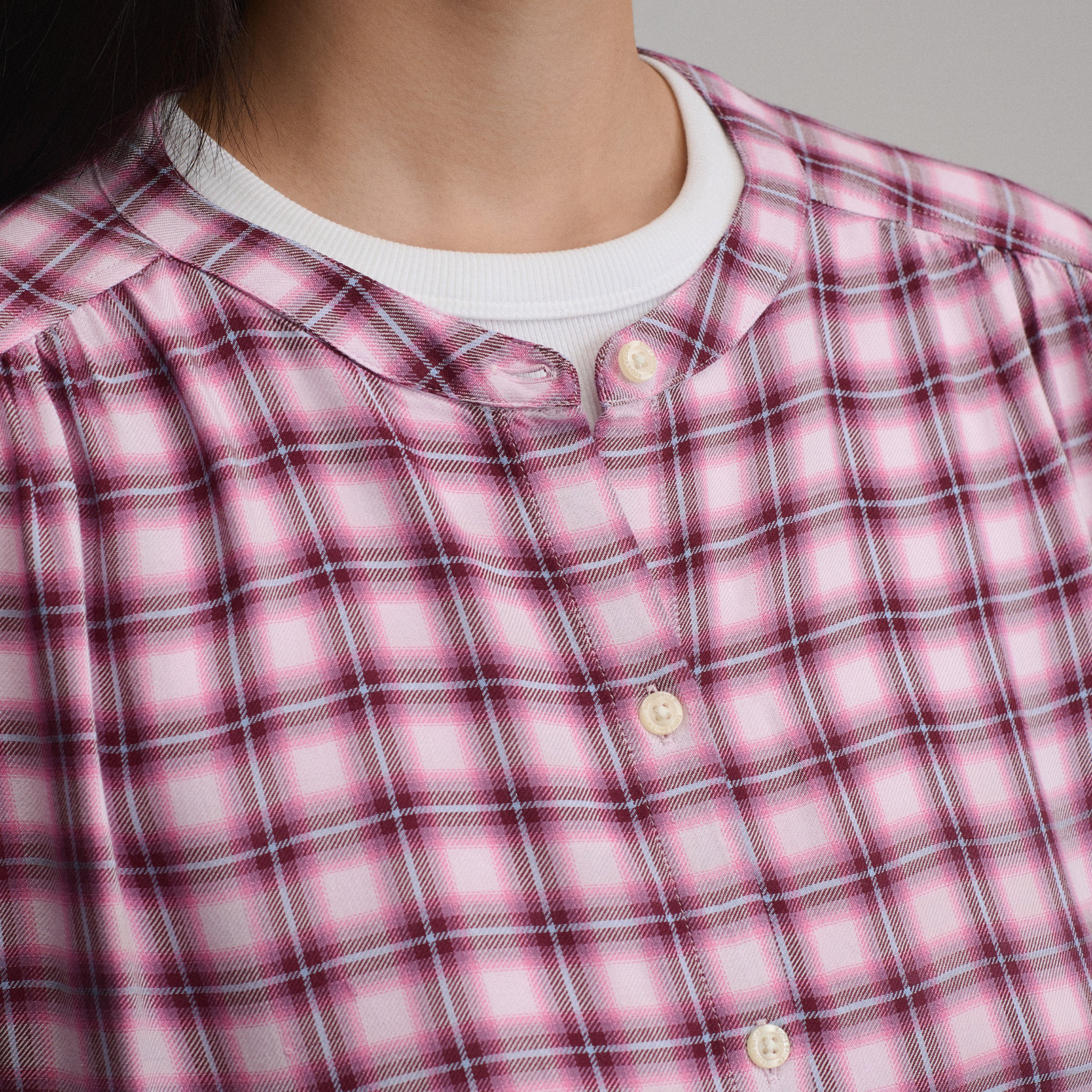 Women's Long-Sleeve Collarless Drapey Plaid Button-Down Shirt - Image 3