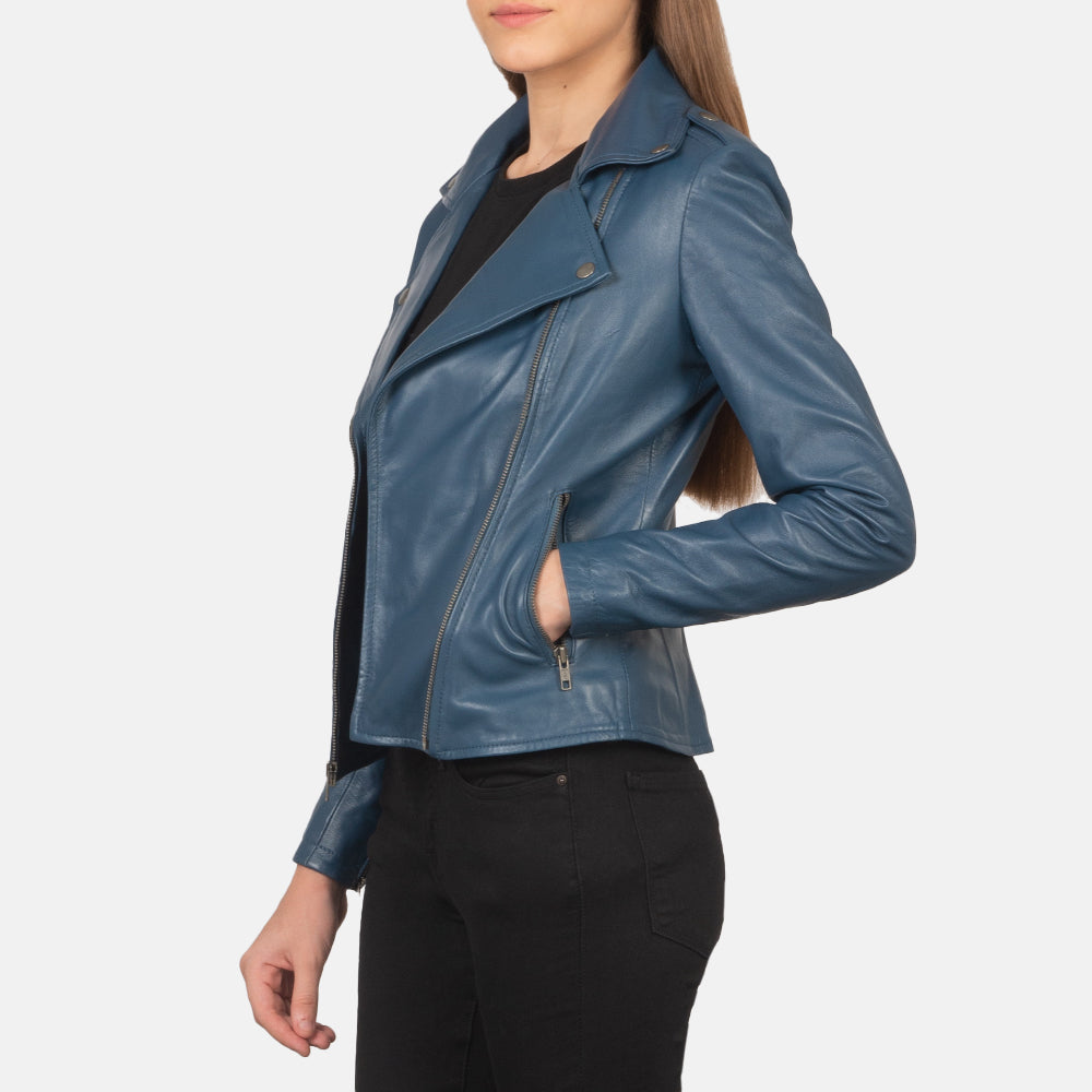 Flashback Blue Leather Biker Jacket - Image 4