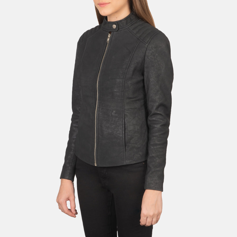 Kelsee Distressed Black Leather Biker Jacket - Image 2