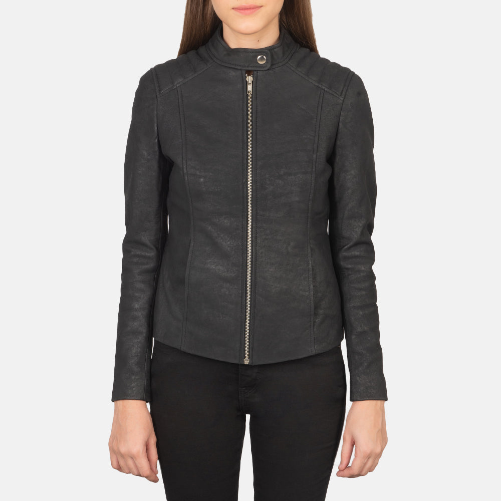 Kelsee Distressed Black Leather Biker Jacket - Image 4