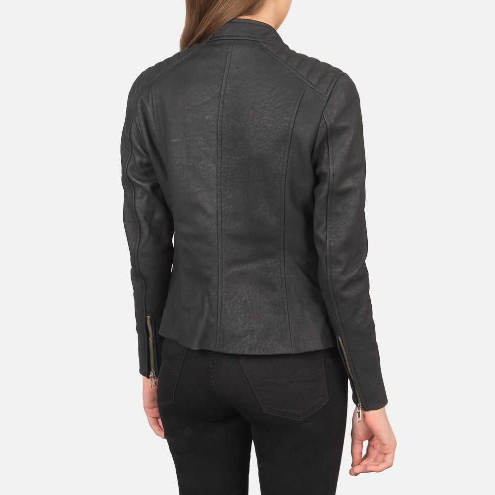 Kelsee Distressed Black Leather Biker Jacket - Image 5