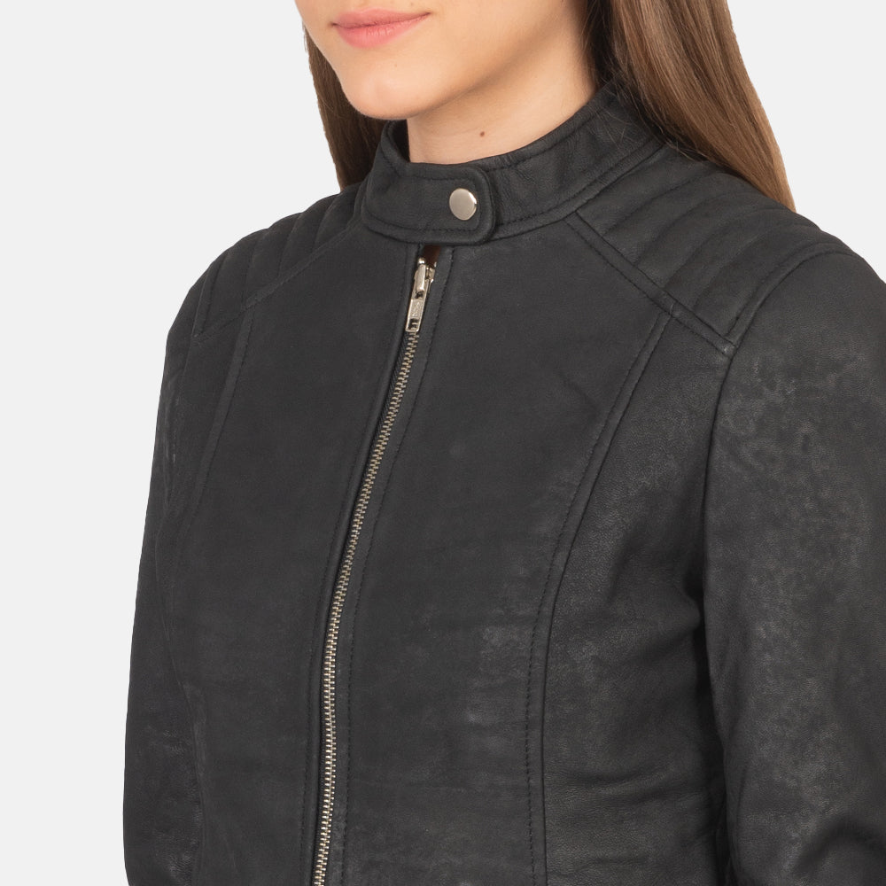 Kelsee Distressed Black Leather Biker Jacket - Image 6