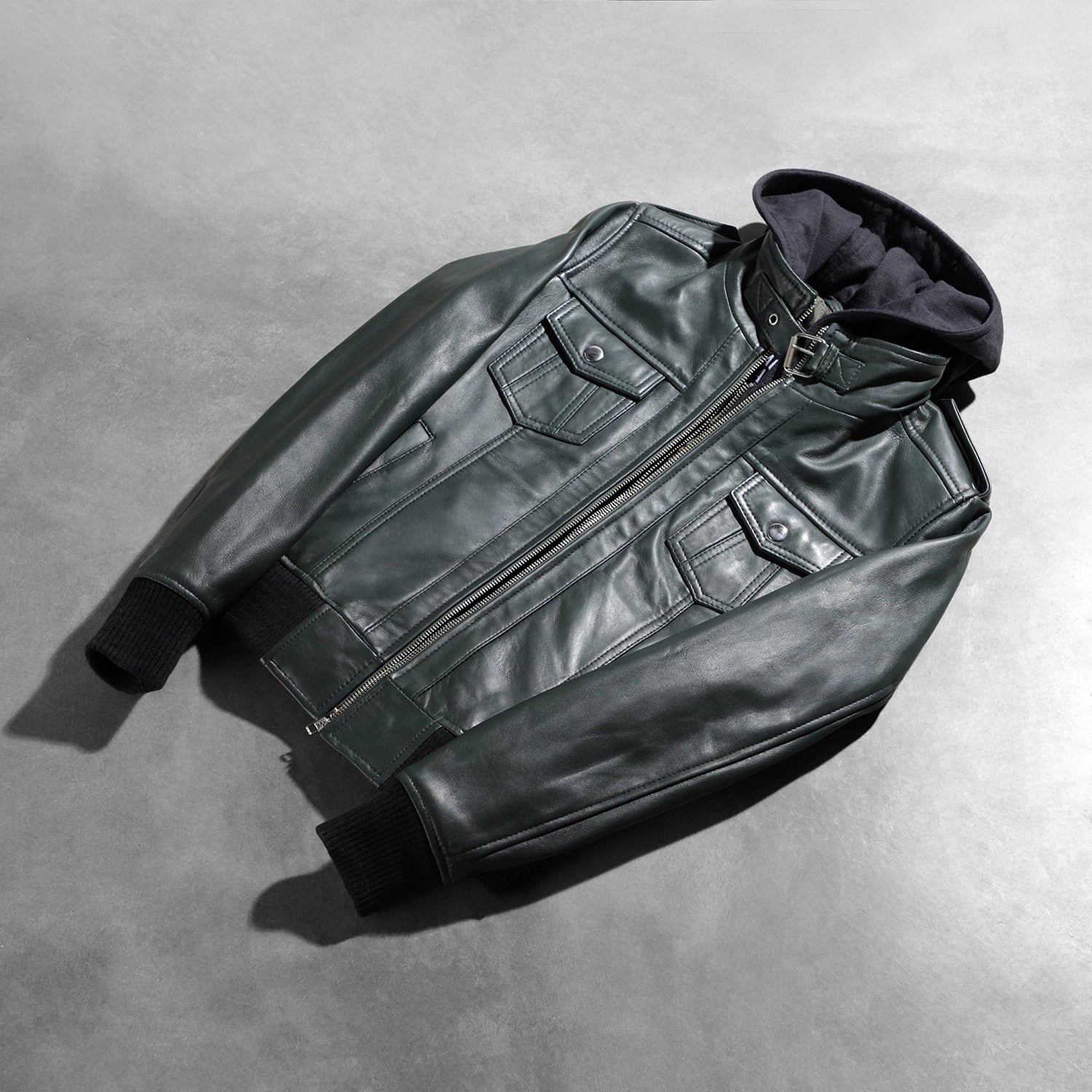Roslyn Green Hooded Leather Bomber Jacket - Image 8