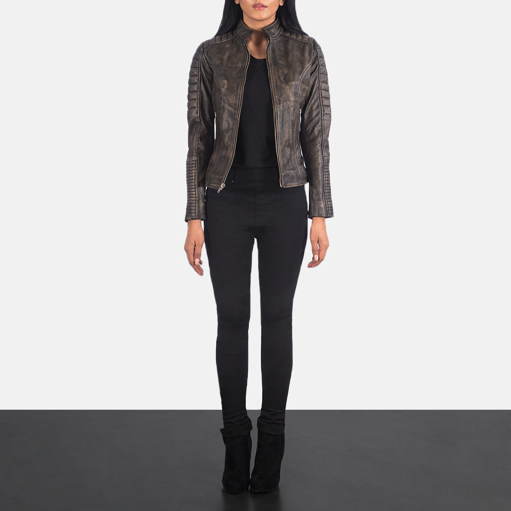Adalyn Quilted Distressed Brown Leather Biker Jacket - Image 3