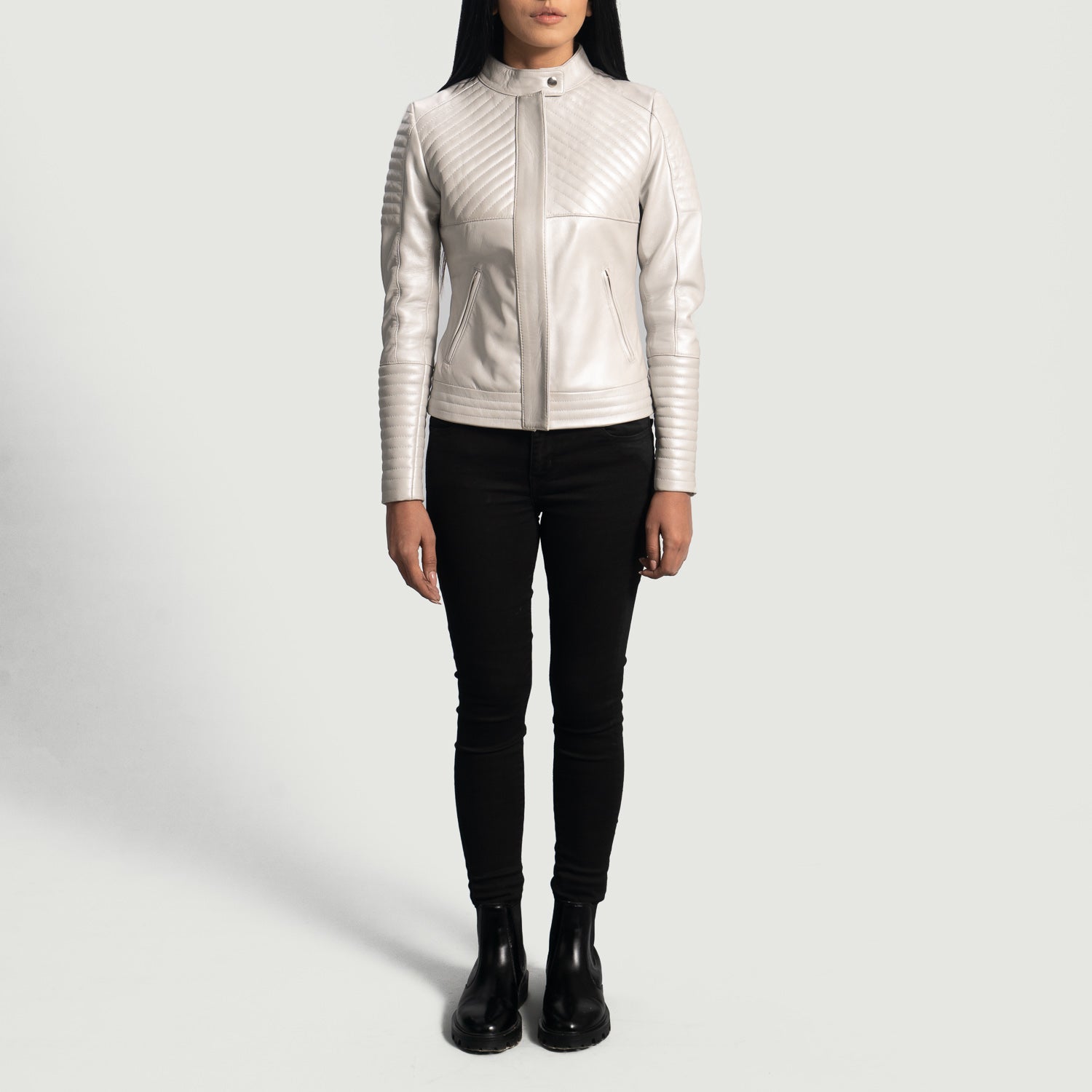 Ice Maiden Silver Quilted Leather Biker Jacket - Image 4
