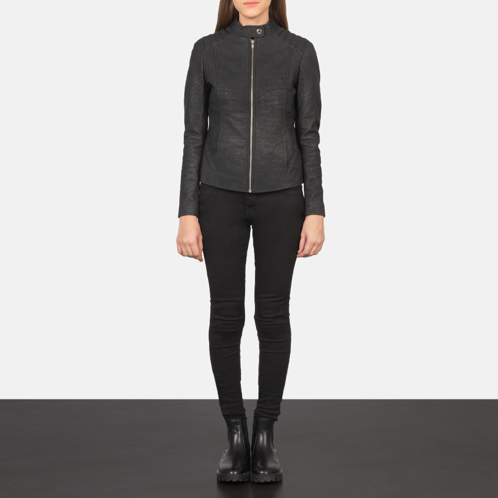 Kelsee Distressed Black Leather Biker Jacket - Image 3