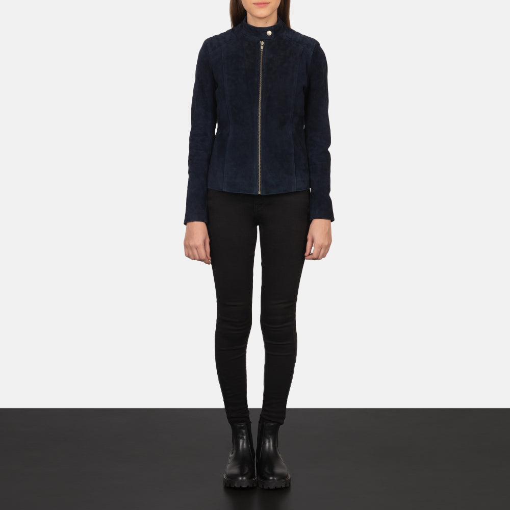 Kelsee Navy Blue Suede Biker Jacket - Image 3