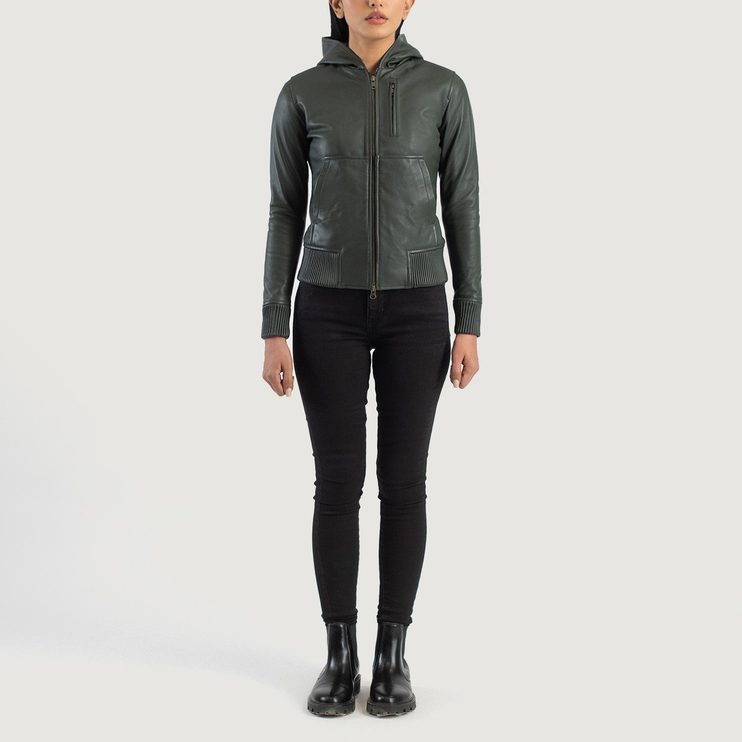 Luna Green Hooded Leather Bomber Jacket - Image 3