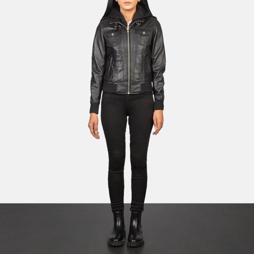 Roslyn Black Hooded Leather Bomber Jacket - Image 3