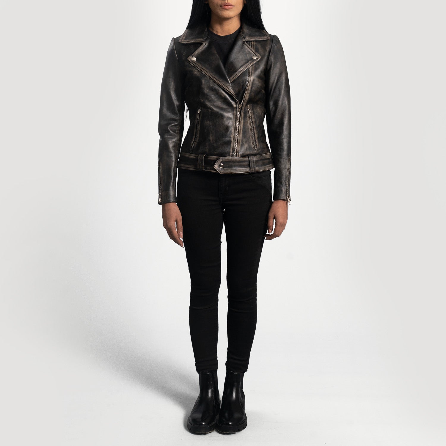 Rumy Distressed Brown Leather Biker Jacket - Image 3