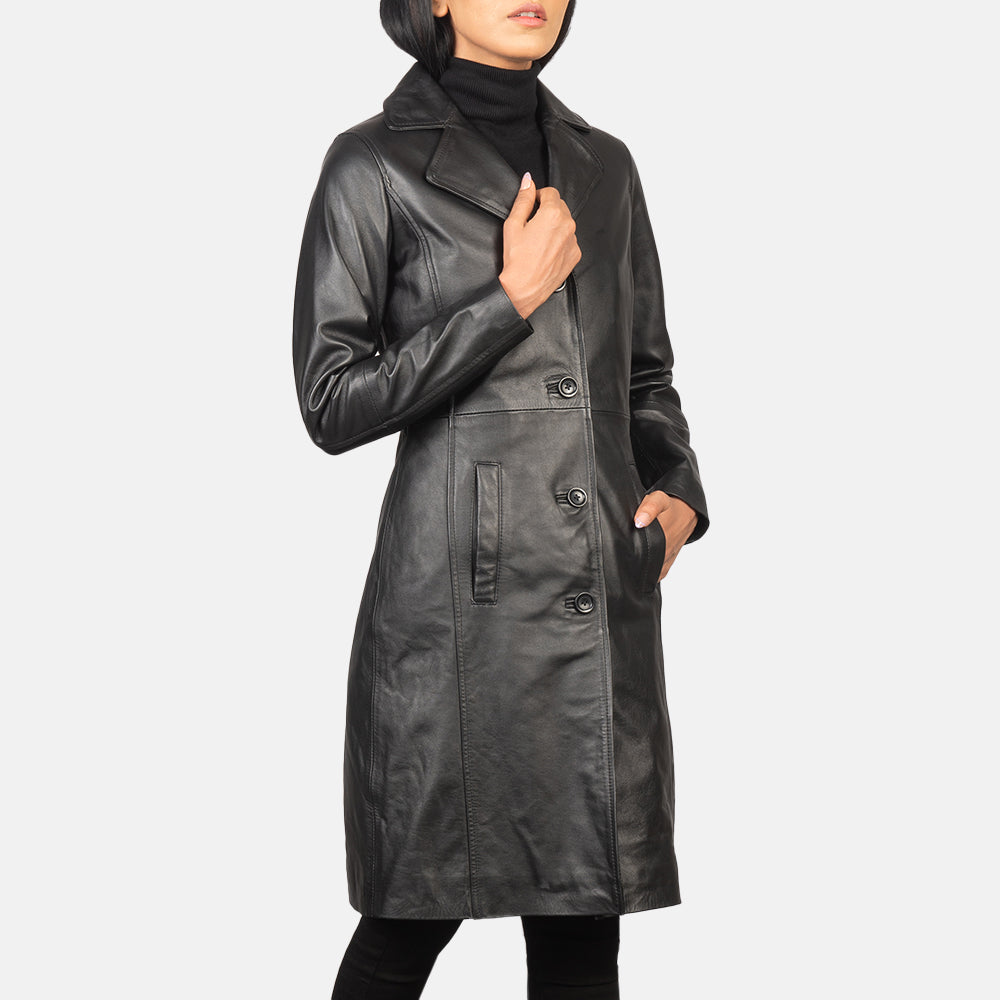 Alexis Black Single Breasted Leather Coat - Image 2