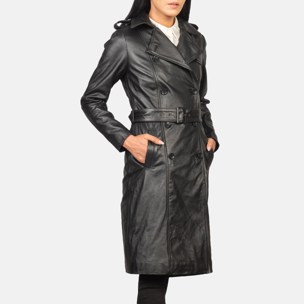 Alice Black Double Breasted Leather Coat - Image 4