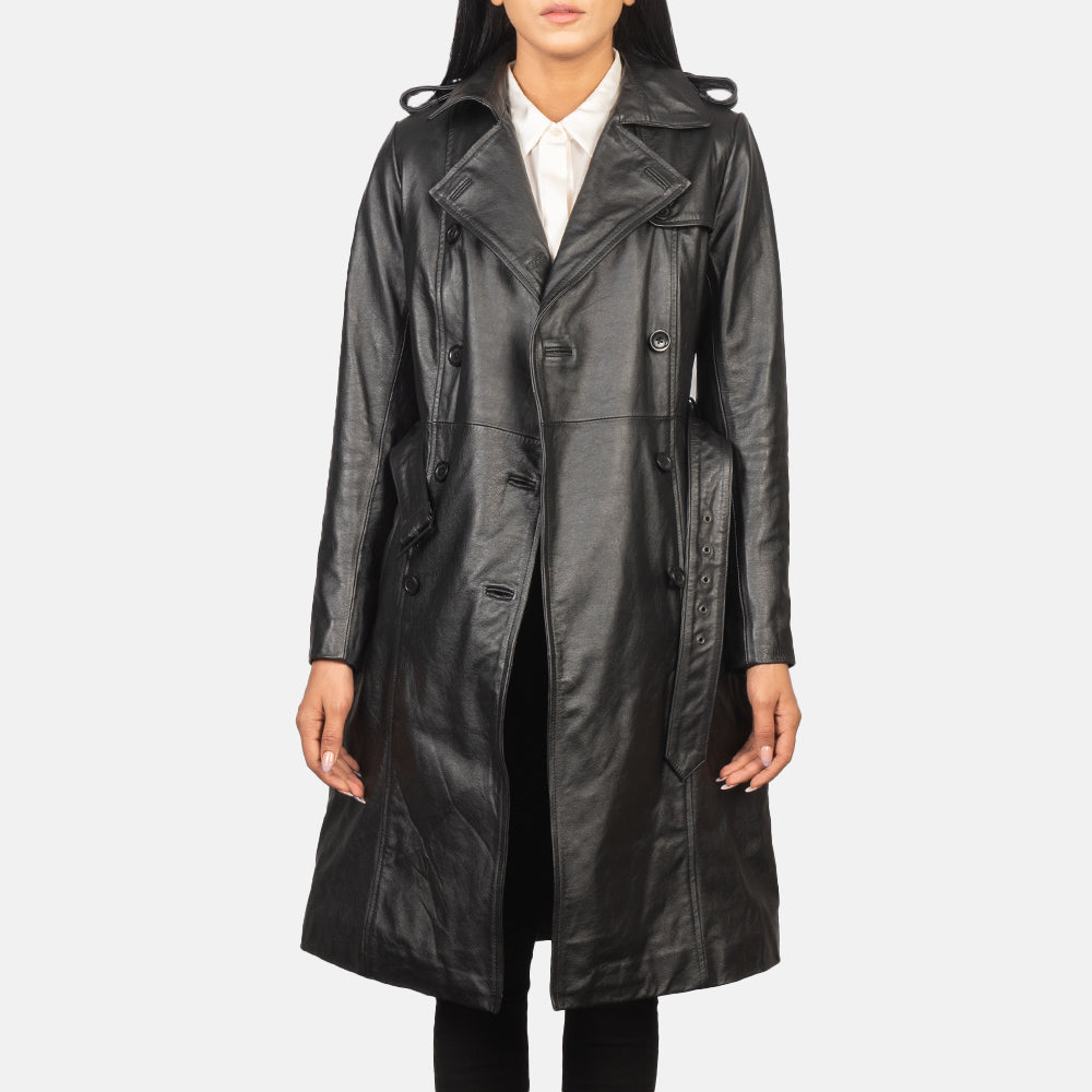 Alice Black Double Breasted Leather Coat - Image 3