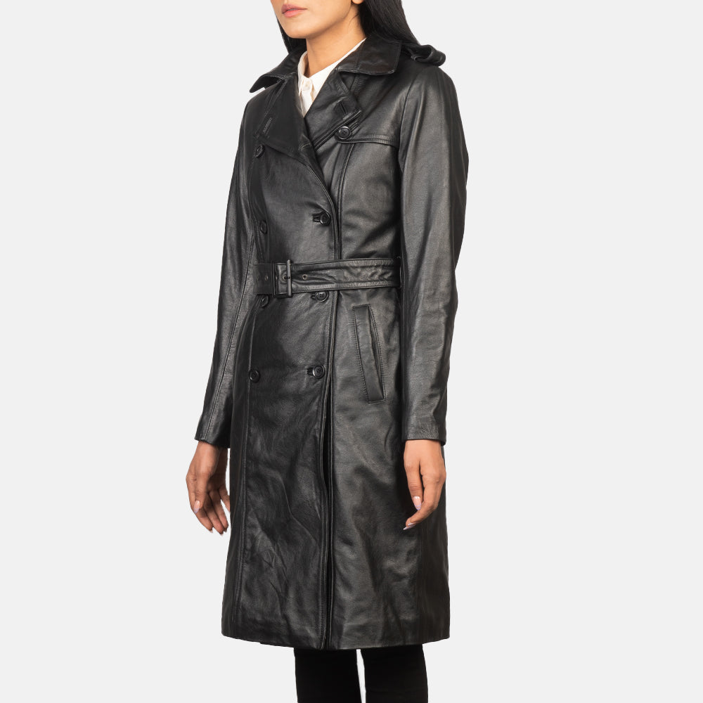 Alice Black Double Breasted Leather Coat - Image 2