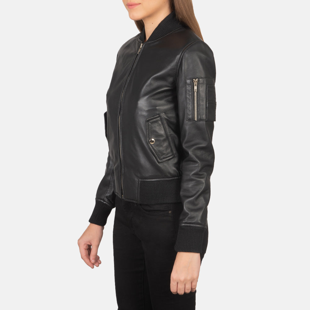 Ava Ma-1 Black Leather Bomber Jacket - Image 2