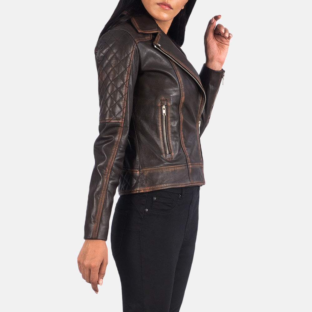 Carolyn Quilted Vintage Brown Biker Jacket - Image 2