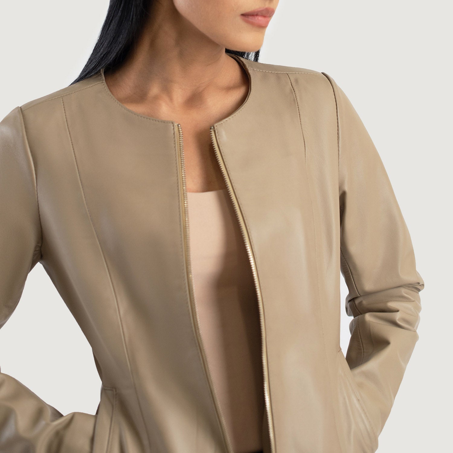 Elixir Beige Collarless Leather Jacket - Image 6
