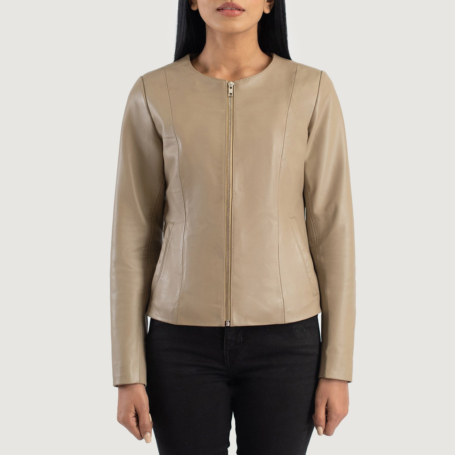 Elixir Beige Collarless Leather Jacket - Image 4
