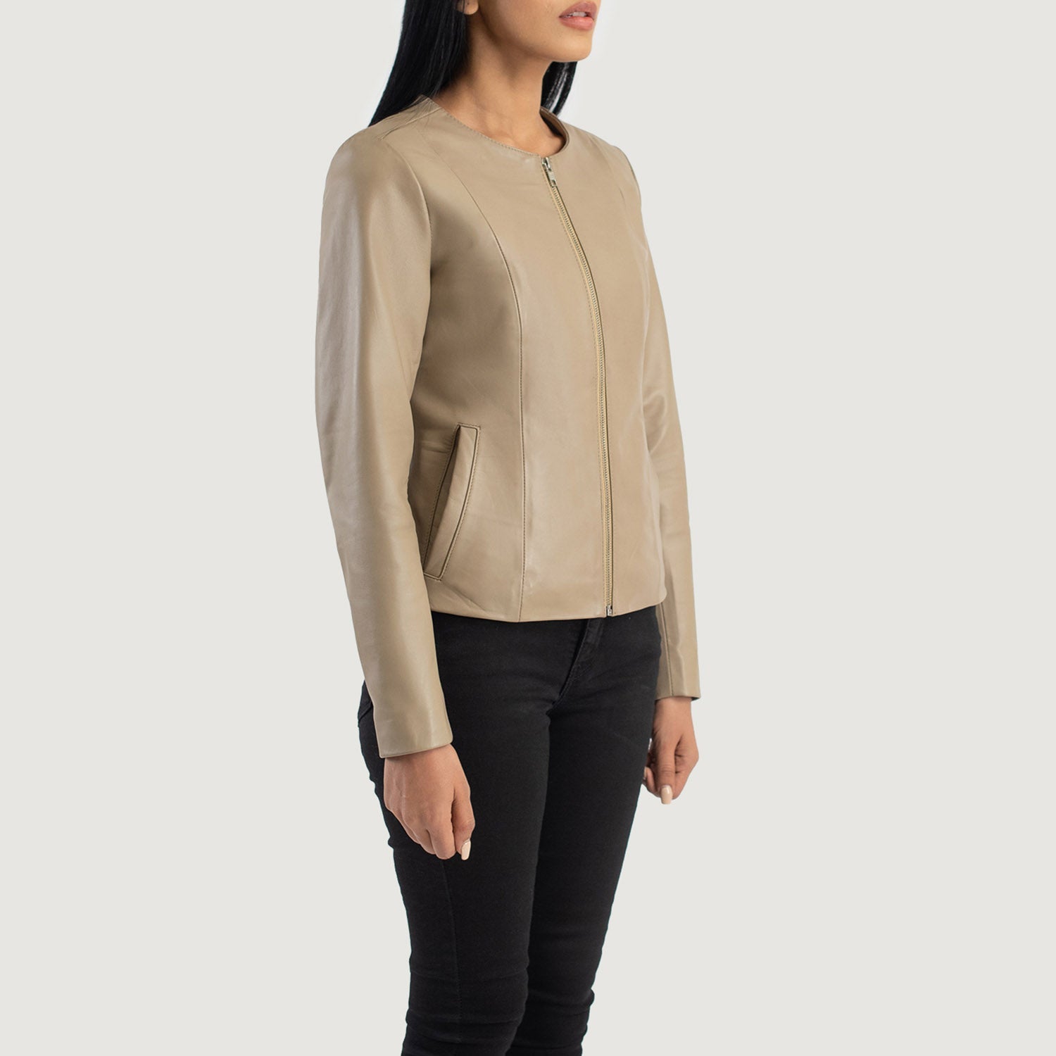 Elixir Beige Collarless Leather Jacket - Image 2