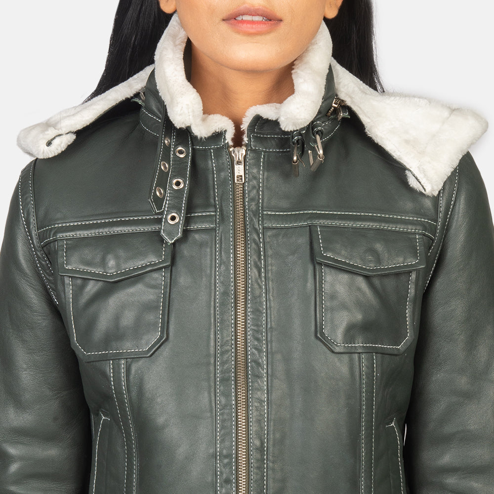 Fiona Green Hooded Shearling Leather Jacket - Image 6
