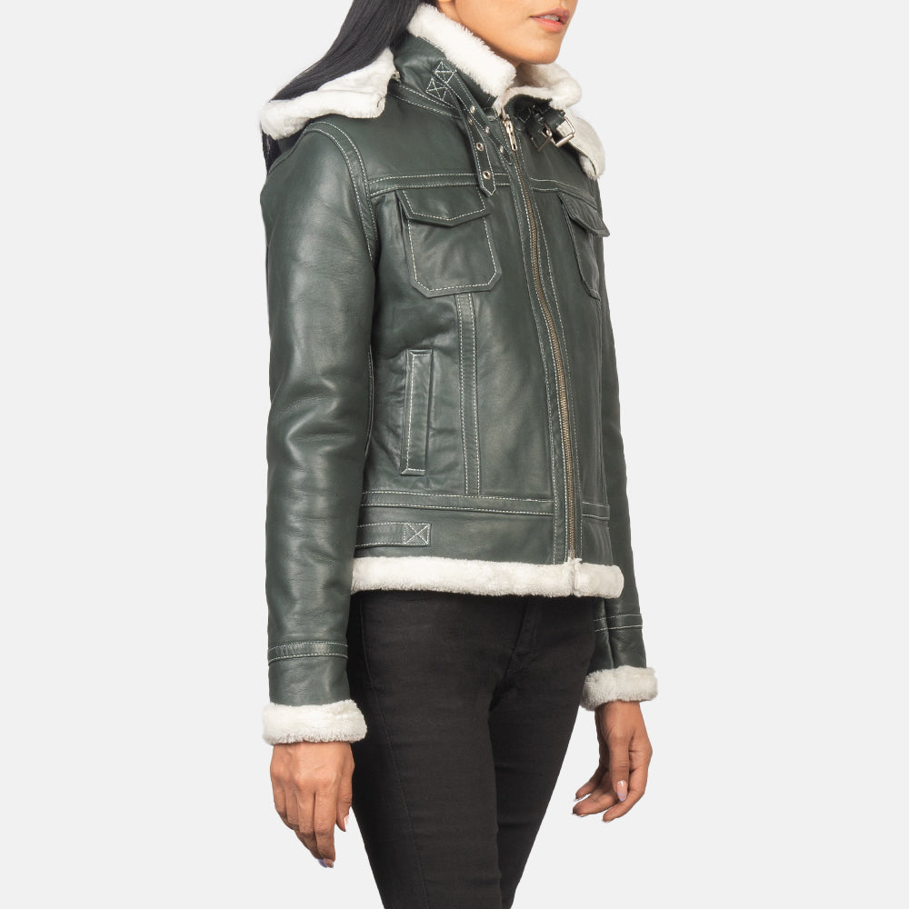 Fiona Green Hooded Shearling Leather Jacket - Image 4