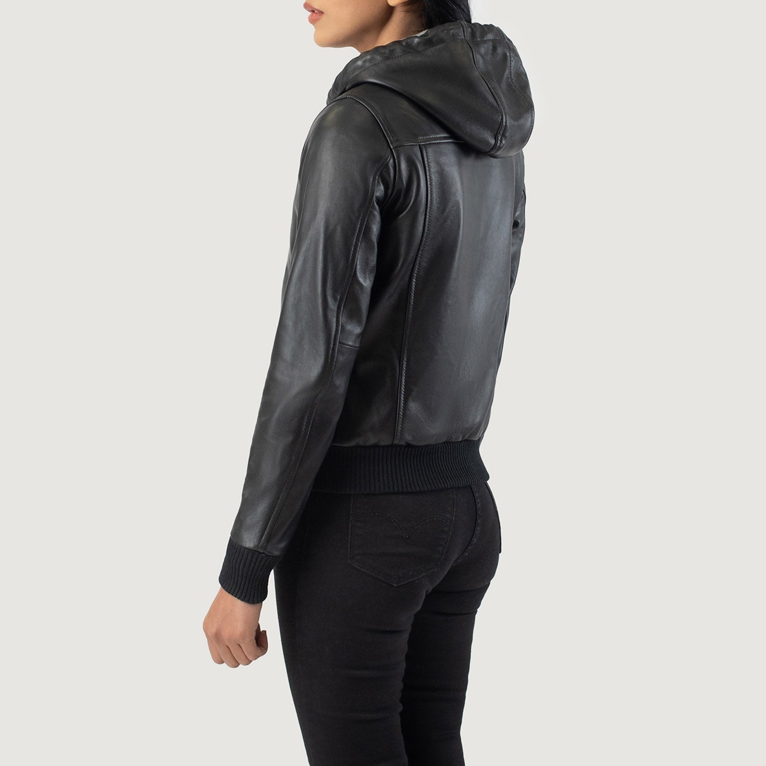 Rebella Black Hooded Leather Bomber Jacket - Image 5
