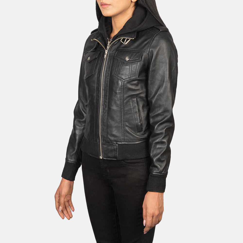 Roslyn Black Hooded Leather Bomber Jacket - Image 2