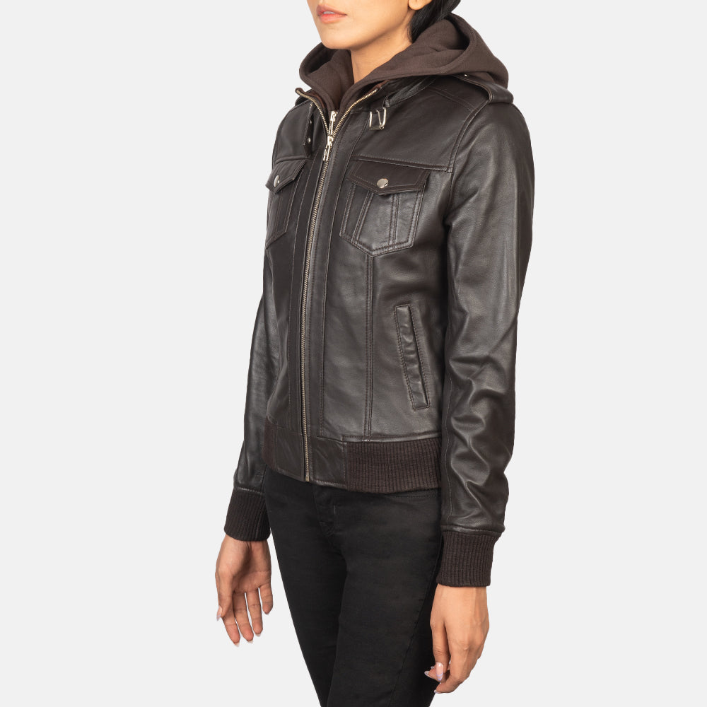Roslyn Brown Hooded Leather Bomber Jacket - Image 2