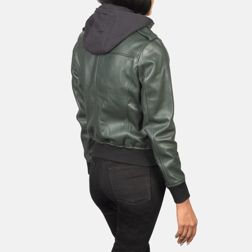 Roslyn Green Hooded Leather Bomber Jacket - Image 5