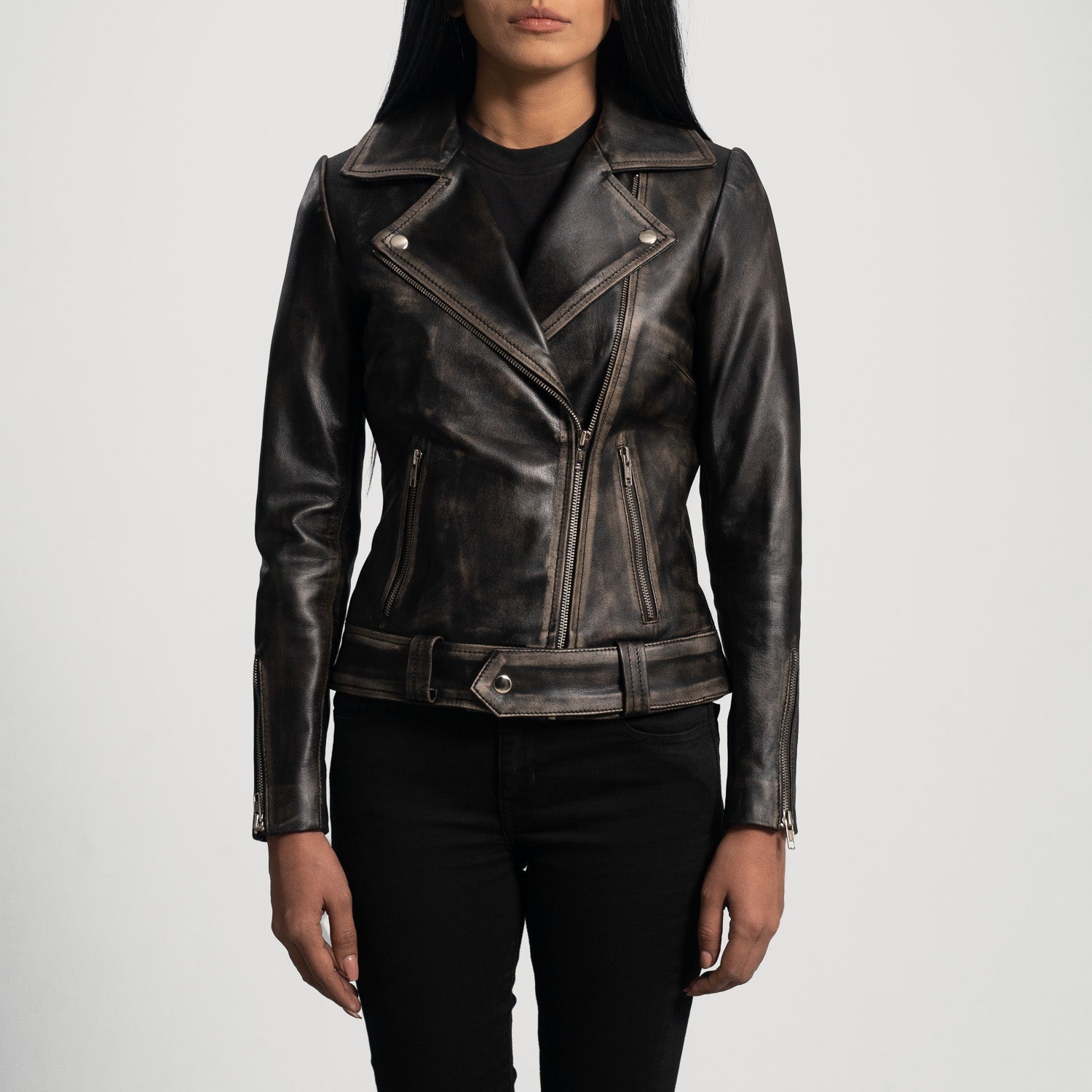Rumy Distressed Brown Leather Biker Jacket - Image 4