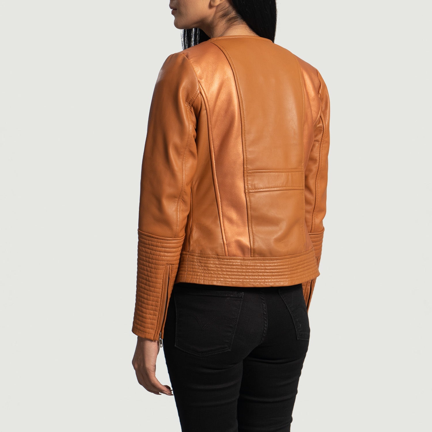 Sleeky Clean Tan Leather Biker Jacket - Image 5